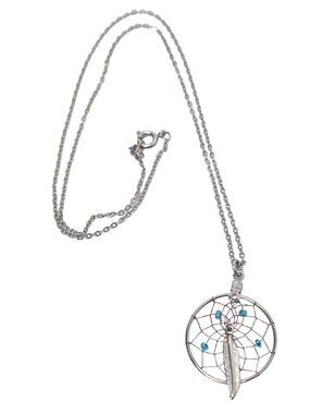 Dreamcatcher Web Silver Tone Pendant & Necklace Turquoise Beads & Feather